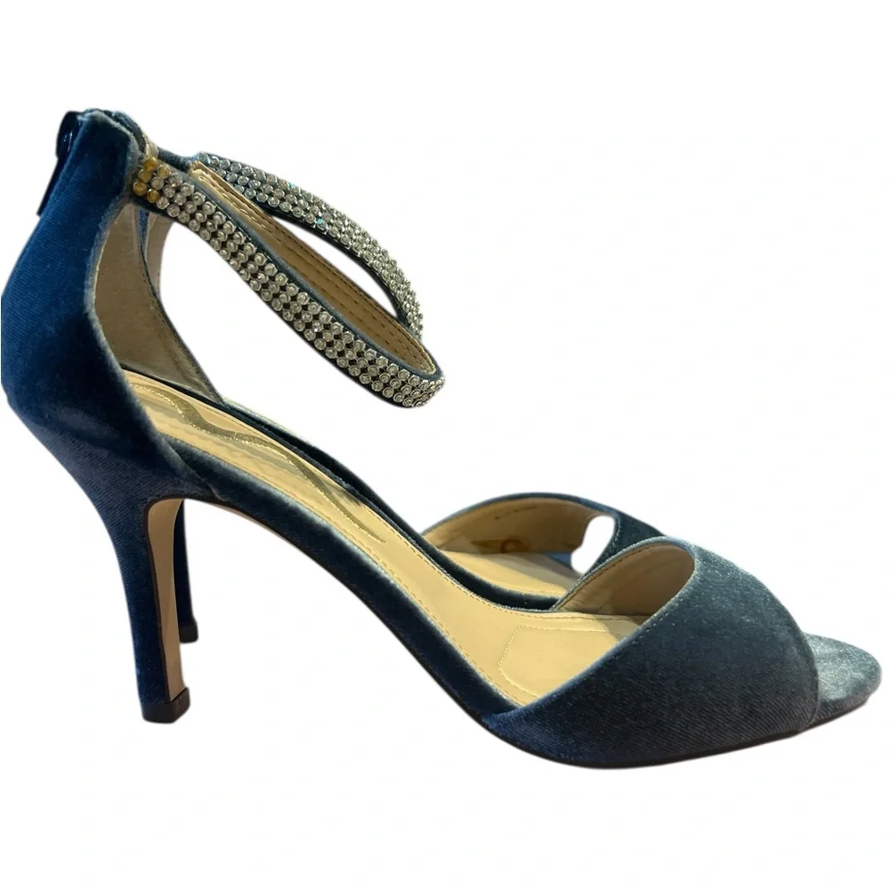 Nina Blue Velvet Embellished Ankle Strap Sandals Size 8